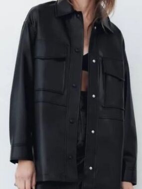 Zara Black Leather Shirt Jacket